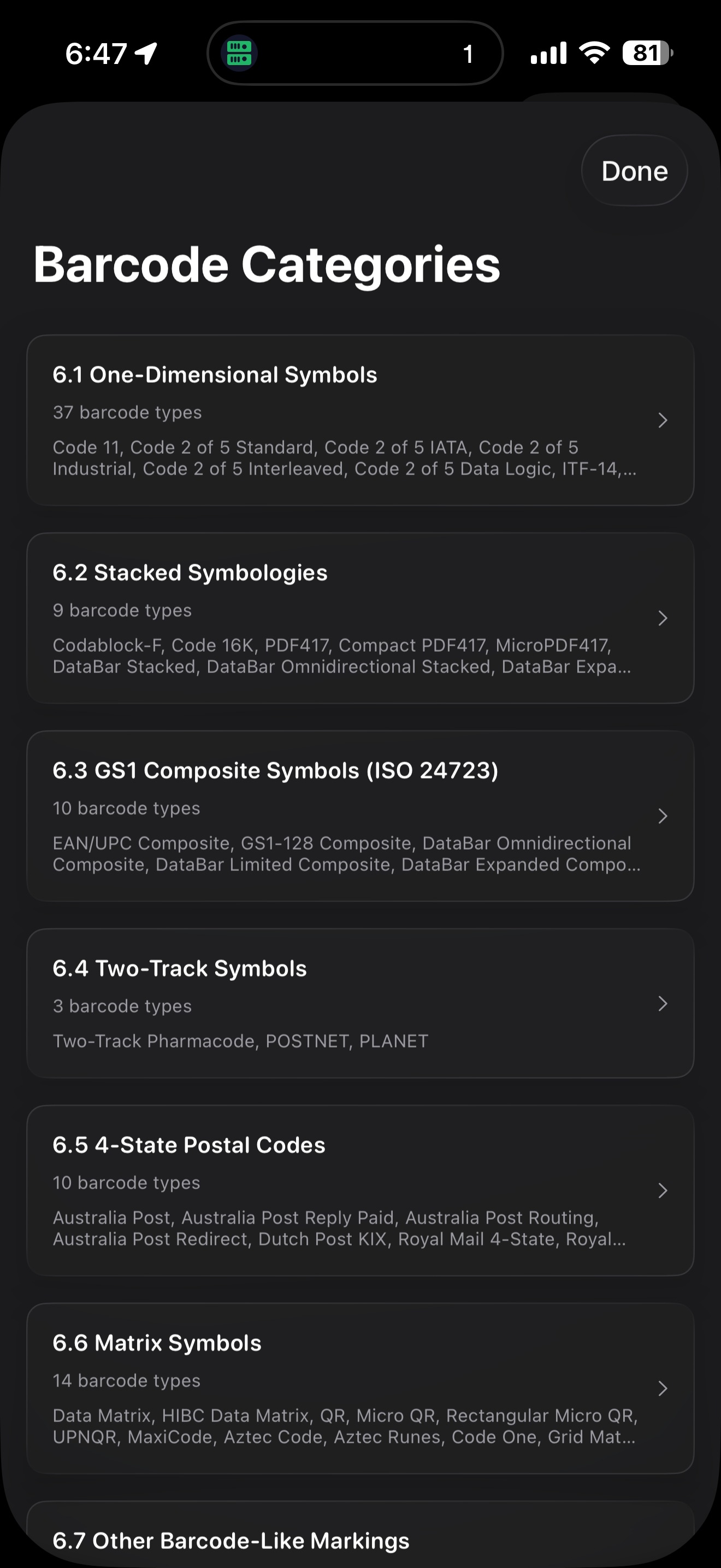 Browsing WatchBar's list of supported barcode formats on iPhone