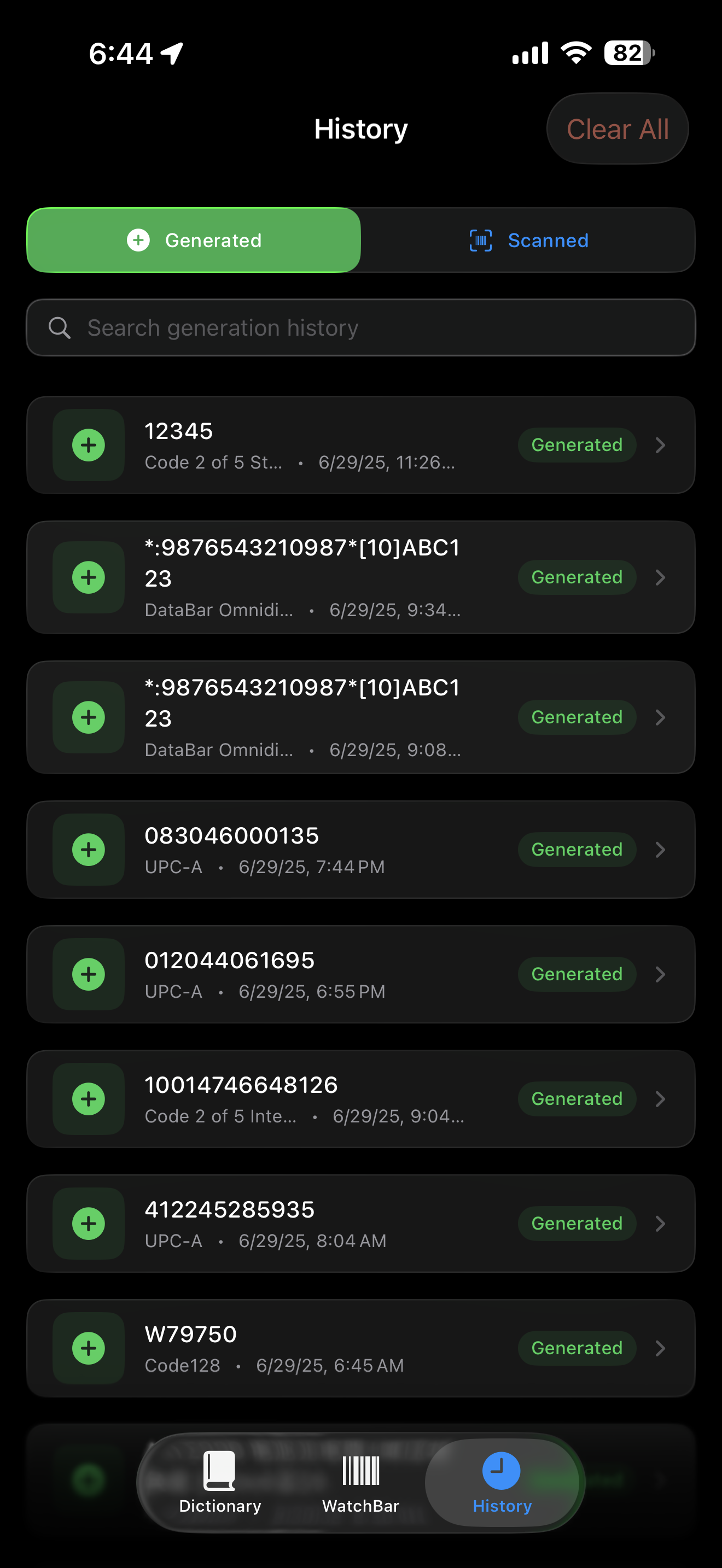 Browsing saved codes and scan history in WatchBar on iPhone
