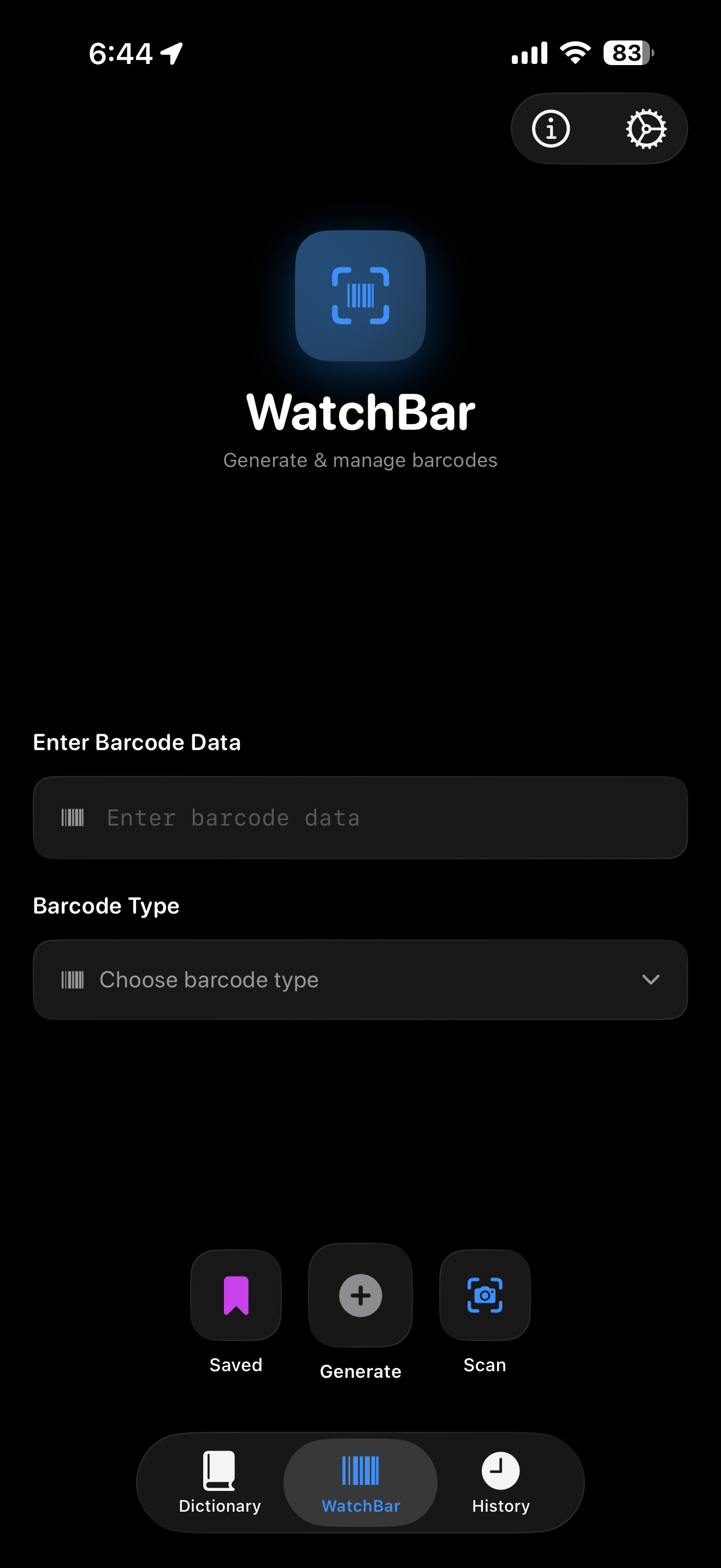 WatchBar main screen generating a barcode on iPhone