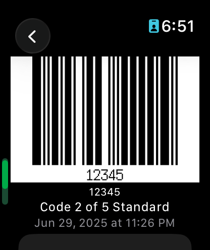 A saved barcode displayed on Apple Watch