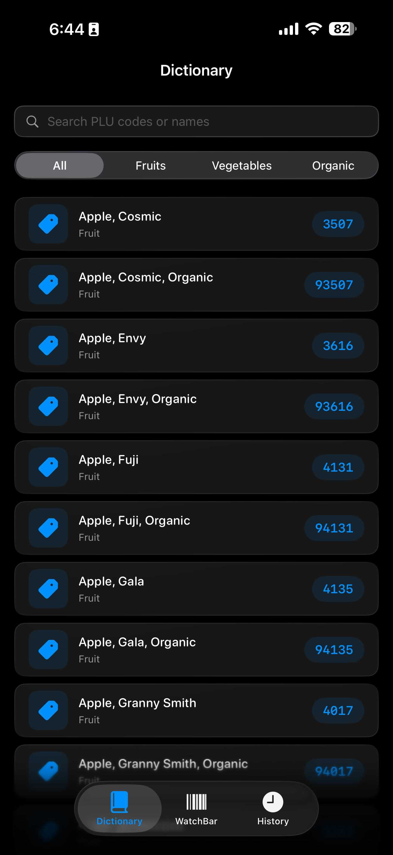 PLU dictionary with searchable produce codes
